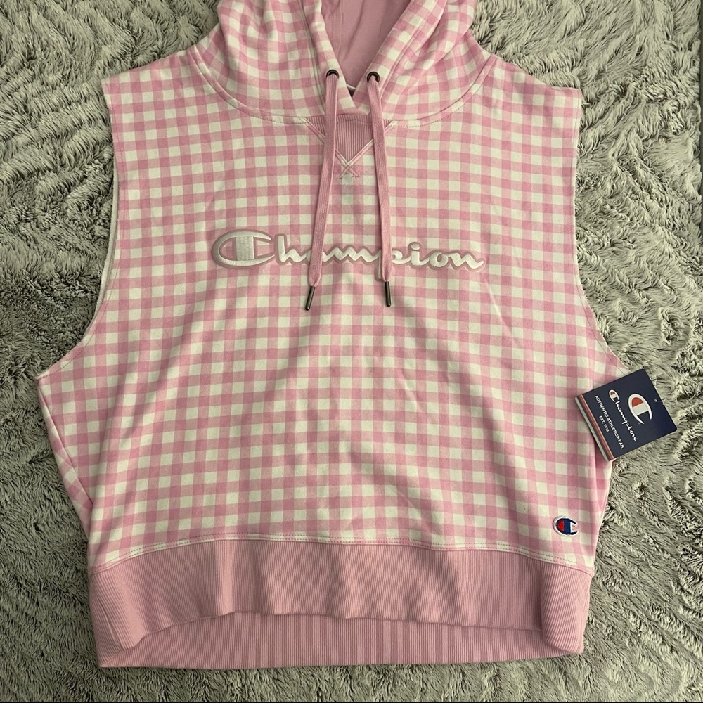Pink Gingham Champion Sleeveless Hoodie